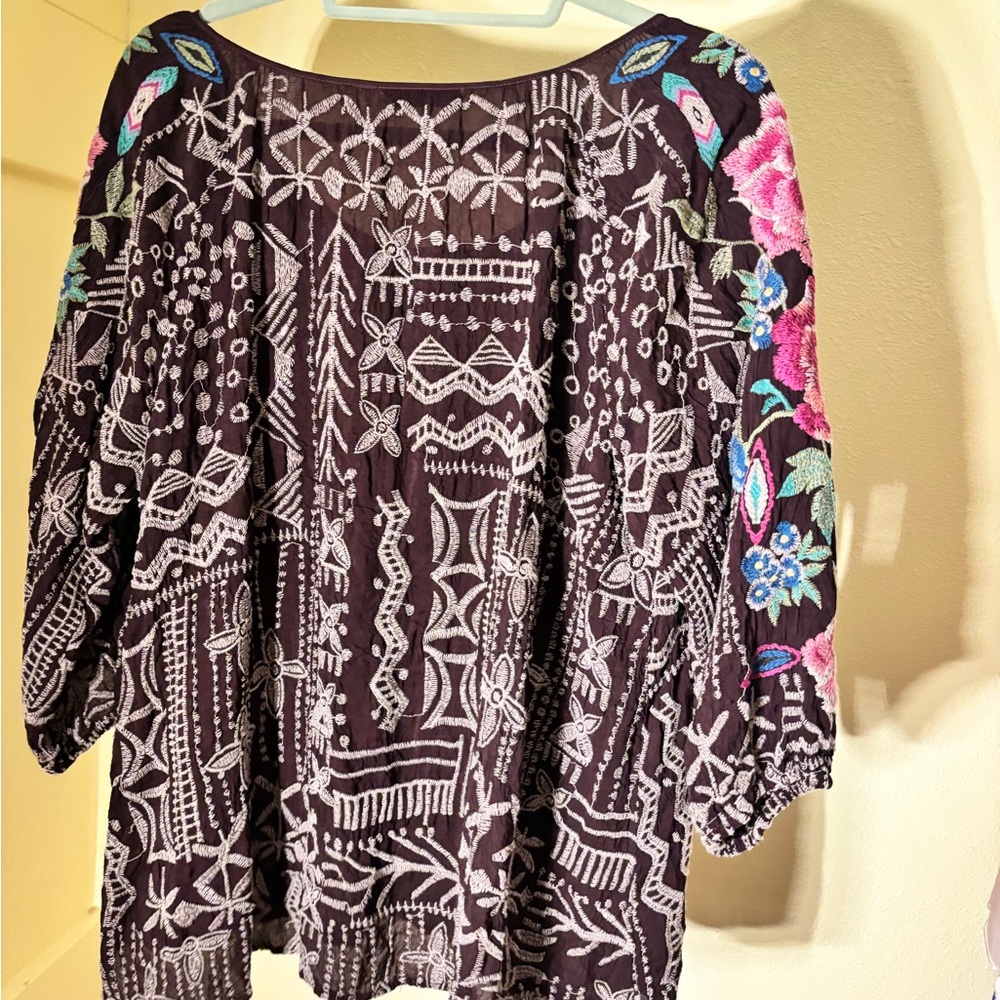 Johnny Was Embroidered Blouse - Black with Pink and Blue - Picture 2 of 5